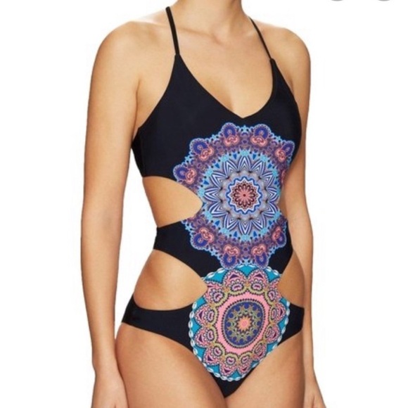 Red Carter Sz M Black w/ Vibrant Print Monkini Swimsuit Cutouts NWT - Picture 2 of 10